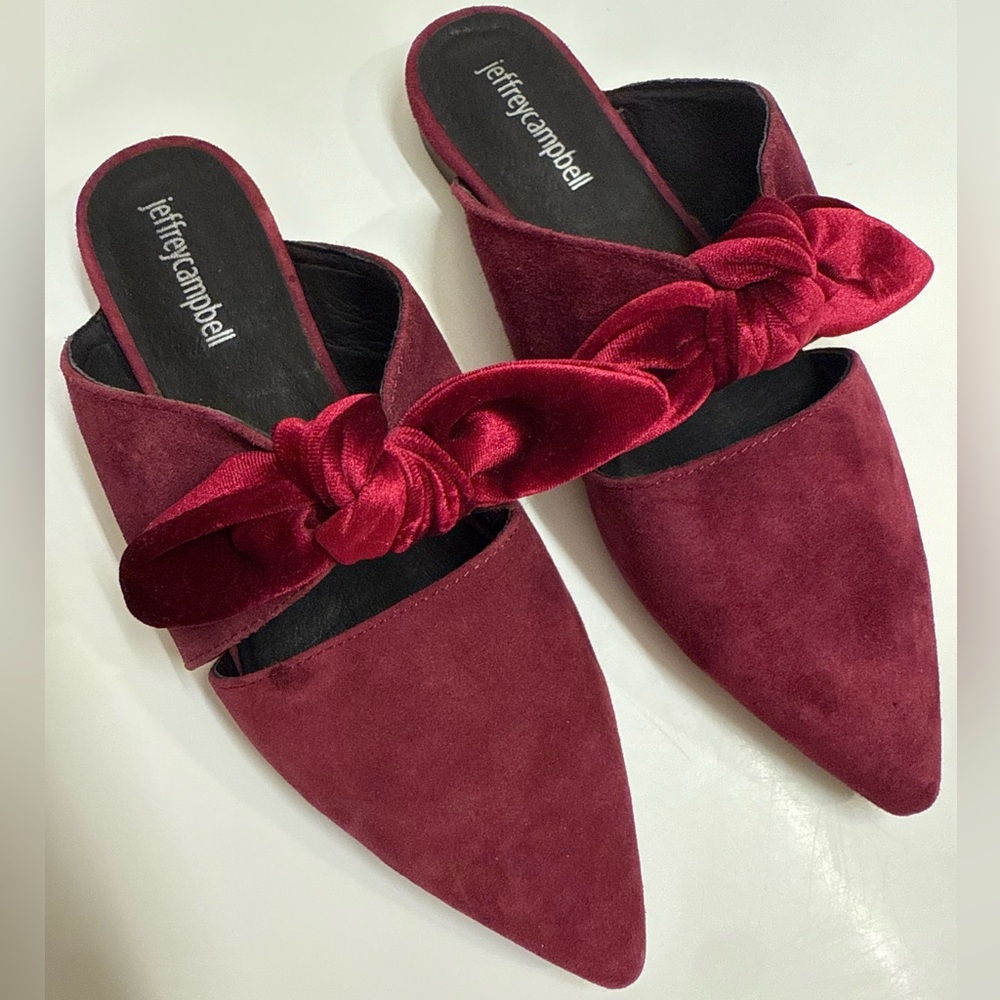 Jeffrey Campbell Charlin Bow‎ Suede Mule Flat Sandals, Burgundy, Size 8.5